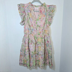 FATE Floral Mini Dress Size S Eyelet Ruffle Pink Tiered Cottagecore Femine